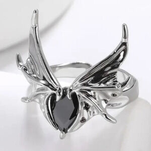 304 Stainless Steel Halloween Retro Gothic Bat Wings Zircon Open Adjustable Ring